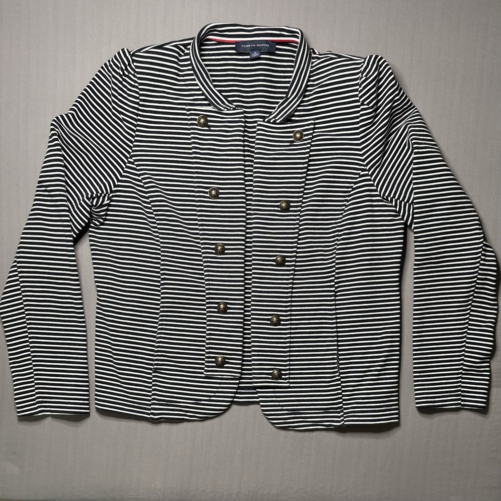 Tommy Hilfiger Women's Blue White Striped Military Style Jacket Blazer Size XL